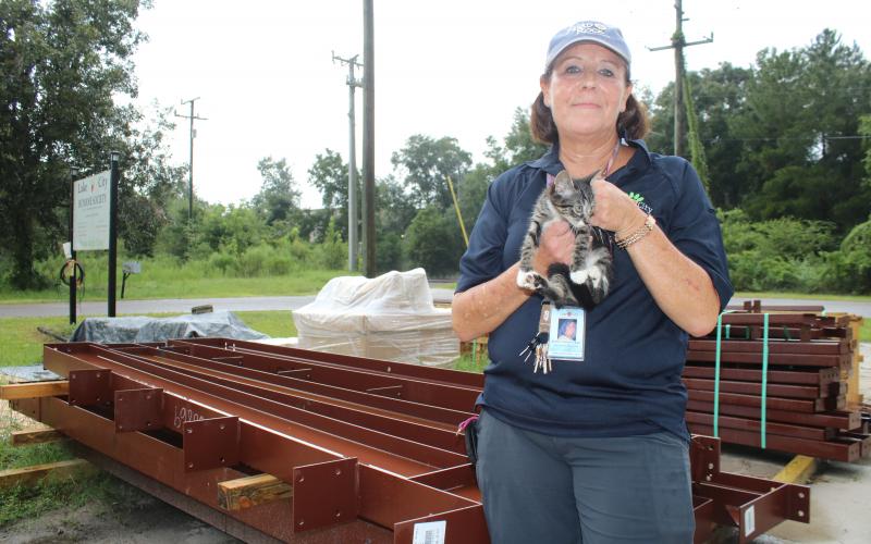 Robin Tobak Ward, the executive director of the Lake City-Columbia County Humane Society, holds a kitten in front of the material for the future James Montgomery Animal Wellness Center. Construction on the new building is expected to begin before the end of the month. (TONY BRITT/Lake City Reporter)