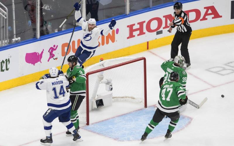 Tampa Bay Lightning center Steven Stamkos, top left, celebrates his goal against Dallas Stars goaltender Anton Khudobin (35) during the first period of Game 3 of the Stanley Cup Final on Wednesday, in Edmonton, Alberta. (JASON FRANSON/The Canadian Press via AP)