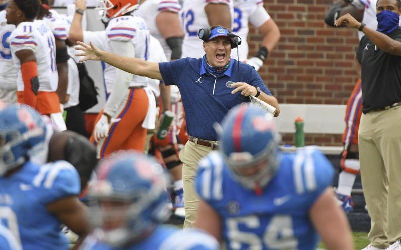 Florida head coach Dan Mullen reacts during the second half Saturday's game against Mississippi. Florida won 51-35. (THOMAS GRANING/Associated Press)