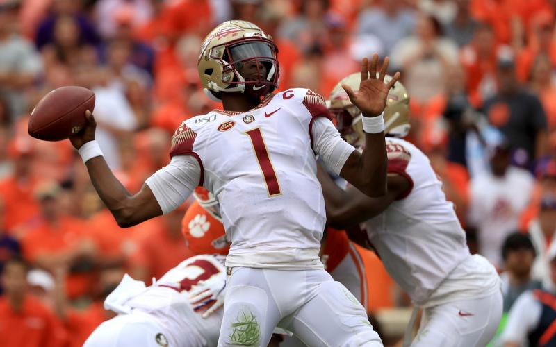 Florida State Seminoles quarterback James Blackman (1) drops back to pass against the Clemson Tigers at Memorial Stadium on Oct. 12, 2019 in Clemson, S.C.. (STREETER LECKA/Getty Images/TNS)