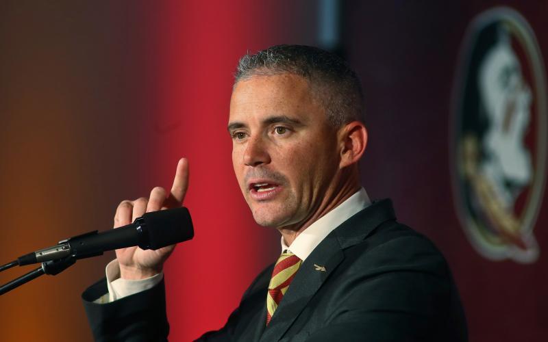 Florida State head football coach Mike Norvell speaks during his introductory news conference in Tallahassee. (MATT BAKER/Tampa Bay Times/TNS)