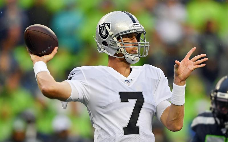 Former Oakland Raiders quarterback Mike Glennon (7) drops back to pass against the Seattle Seahawks during a preseason game at CenturyLink Field on Aug. 29, 2019, in Seattle. (ALIKA JENNER/Getty Images/TNS)