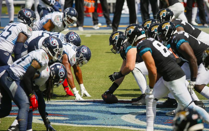 The Jacksonville Jaguars line up against the Tennessee Titans during the first half on Sunday at Nissan Stadium in Nashville, Tenn. (FREDERICK BREEDON/Getty Images/TNS)