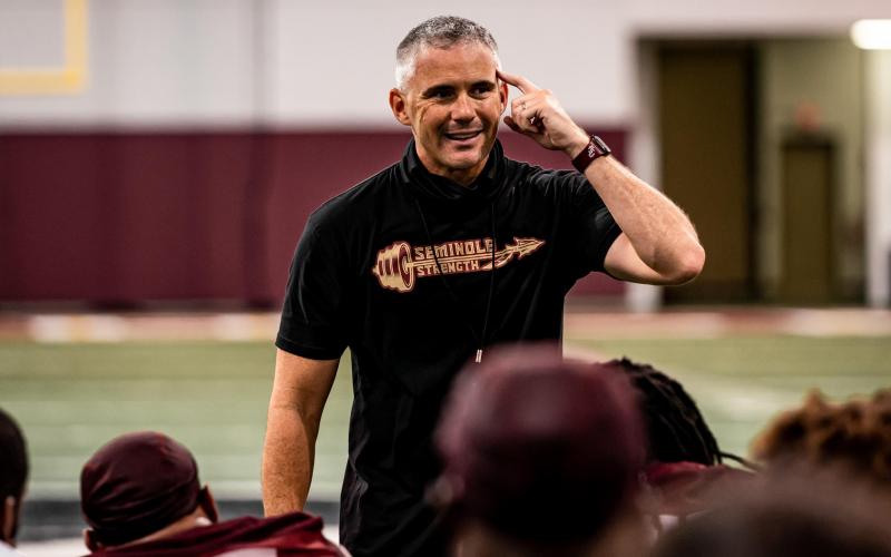 Florida State coach Mike Norvell addresses his team during a practice this summer. Norvell’s first season at Florida State should be an upgrade from the Willie Taggart era. He posted four winning seasons at Memphis before taking over at FSU. (COURTESY OF FSU ATHLETICS)