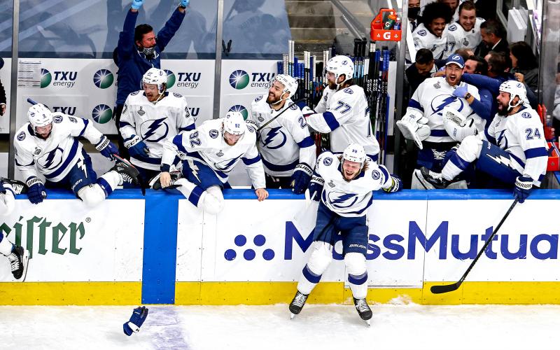The Tampa Bay Lightning celebrate defeating the Dallas Stars 2-0 to win the 2020 NHL Stanley Cup Final at Rogers Place on Monday, in Edmonton, Alberta. (BRUCE BENNETT/Getty Images/TNS)