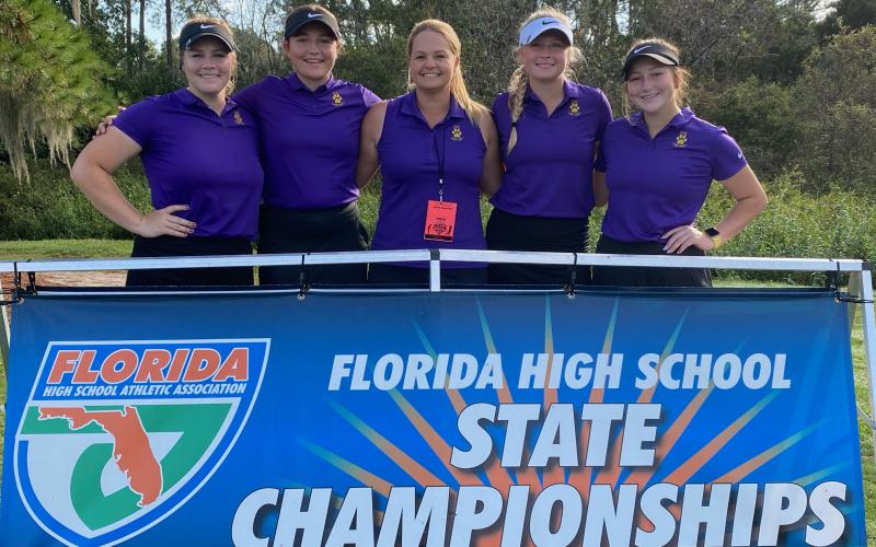 Columbia girls golf team placed 15th at the Class 2A State Tournament on Wednesday. Pictured are Reece Chasteen (from left), Ashley Nelson, coach Tammy Winnett, Payton Gainey and Kayla Hardy. (COURTESY)