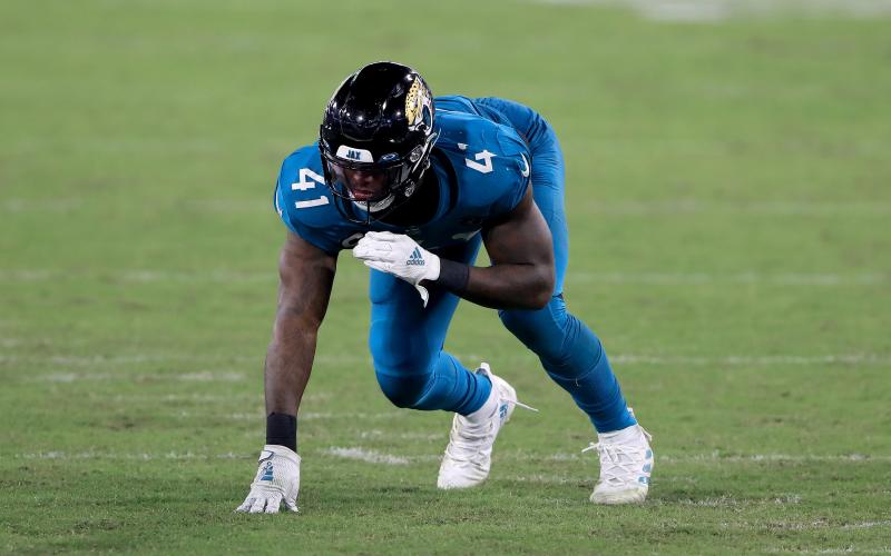 Jacksonville Jaguars defensive end Josh Allen is questionable for Sunday's game against the Houston Texans. (SAM GREENWOOD/Getty Images/TNS)