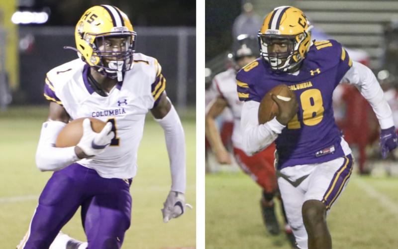 LEFT: Columbia's Shyheim Brown returns a kickoff against Wakulla on Oct. 23. RIGHT: Columbia's Marcus Peterson takes a carry up the field against Seabreeze during the Region 1-6A quarterfinals on Nov. 20. (BRENT KUYKENDALL/Lake City Reporter)