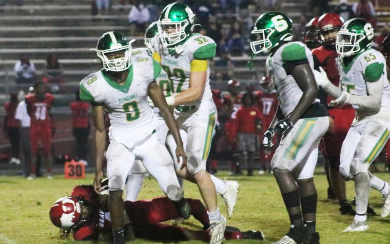 Suwannee’s Keshawn Jones celebrates after a sack late against Terry Parker during last Friday’s Region 1-5A playoff game. (JAMIE WACHTER/Lake City Reporter)