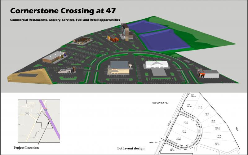 An artist’s rendering of the Cornerstone Crossing at 47 development, which will include commercial, restaurants, grocery and retail sites, according to developer Scott Stewart. Work at the site is expected to begin next year. (COURTESY)