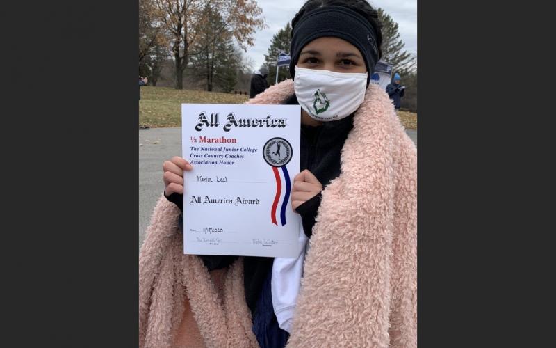 FGC freshman Merlin Leal received the All-America Award for finishing in the top 20 at the 2020 NJCAA Women’s Half Marathon Championship in Fort Dodge, Iowa, placing 19th with a time of 1:49:52.6 in the 13.1-mile race. (COURTESY)