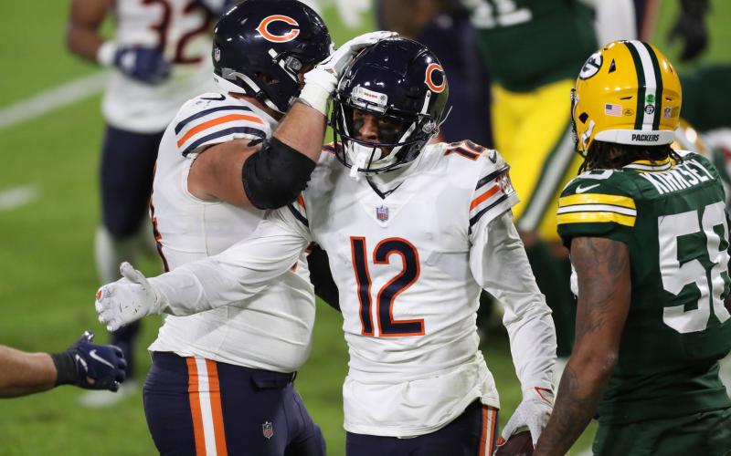 Bears wide receiver Allen Robinson is congratulated after catching a touchdown pass in the second quarter against the Packers on Nov. 29 in Green Bay, Wis. (CHRIS SWEDA/Chicago Tribune/TNS)
