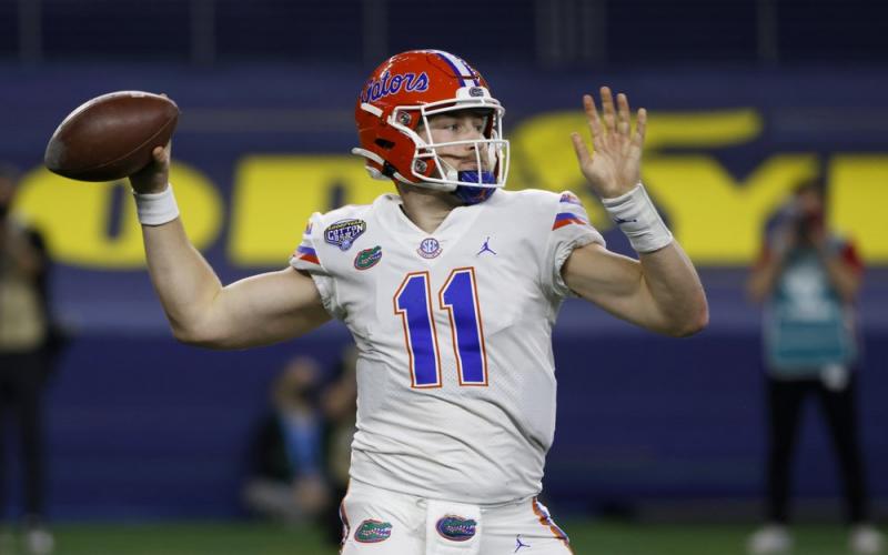 Florida quarterback Kyle Trask throws a pass during the first half of the team's Cotton Bowl game against Oklahoma in Dec. 30 Arlington, Texas. (RON JENKINS/Associated Press)