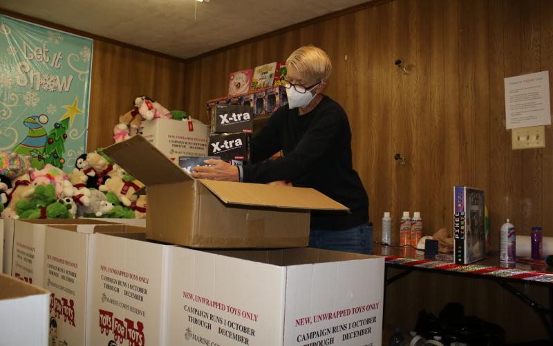 Inga Dwyer, Toys for Tots coordinator for Columbia and Suwannee counties, unpacked a box of games last month to prepare for the Christmas season. The local program is completely booked solid through Dec. 24. (FILE)