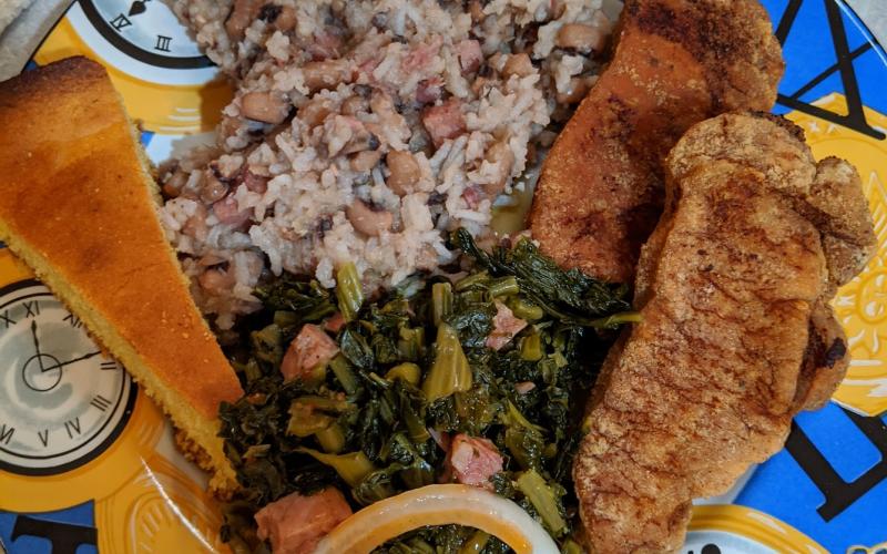 The traditional New Year’s Day meal in the American South includes pork (good fortune and wisdom), greens (money), cornbread (gold) and black-eyed peas (health and coins). (COURTESY)