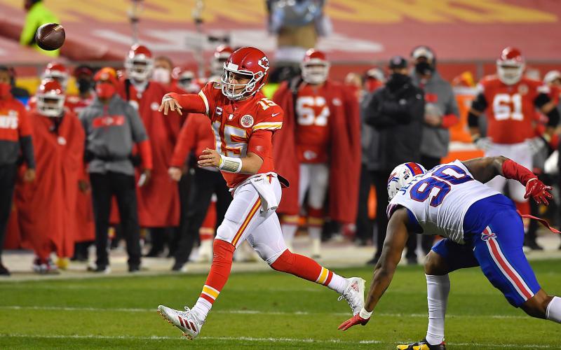 Kansas City Chiefs quarterback Patrick Mahomes throws a pass in the first half of the AFC championship game while being pressured by Buffalo Bills defensive tackle Quinton Jefferson on Sunday at Arrowhead Stadium in Kansas City, Missouri. (RICH SUGG/The Kansas City Star/TNS)
