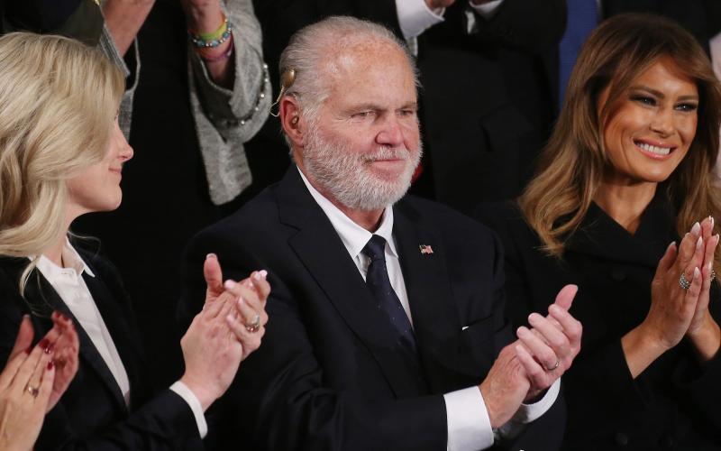 Radio personality Rush Limbaugh and wife Kathryn, left, attend the State of the Union address with first lady Melania Trump in the chamber of the U.S. House of Representatives on Feb. 4, 2020 in Washington, D.C. (MARIO TAMA/Getty Images/TNS)