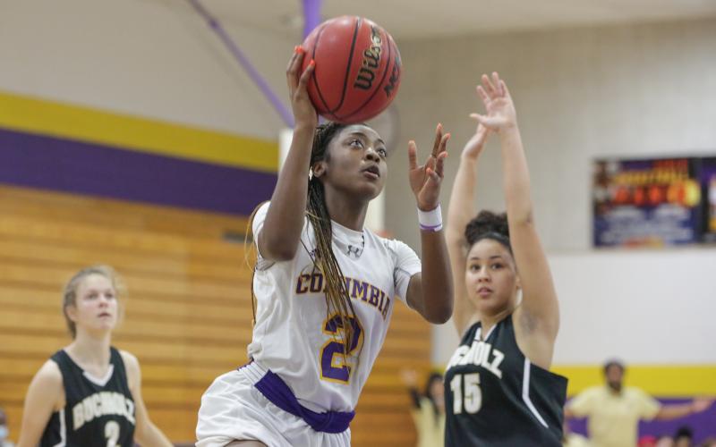 Columbia guard Na’Haviya Paxton rises to score against Buchholz in the District 2-6A championship on Feb. 5. The Lady Tigers lost to Navarre 71-49 on the road in the Region 1-6A quarterfinals on Thursday night. (BRENT KUYKENDALL/Lake City Reporter)