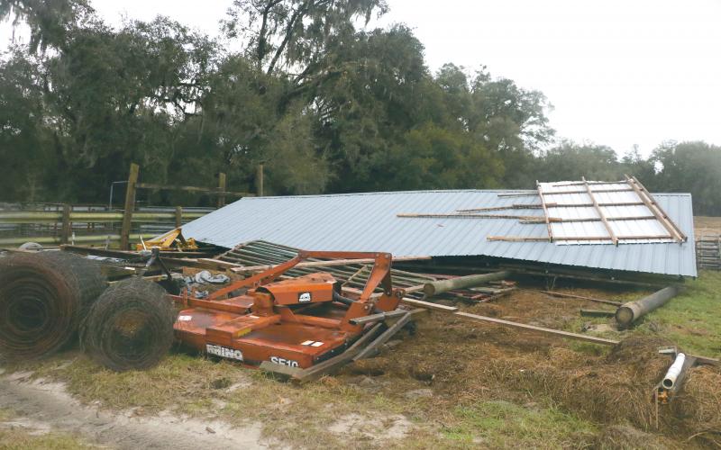 The barn on David Vining’s property was uprooted Monday afternoon by a tornado that blew through west central Columbia County. (MORGAN MCMULLEN/Lake City Reporter)
