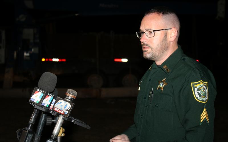 Sgt. Steven Khachigan, Columbia County Sheriff’s Office public information officer, gives details regarding a Tuesday afternoon shooting where two juveniles were shot during a press conference. (TONY BRITT/Lake City Reporter)