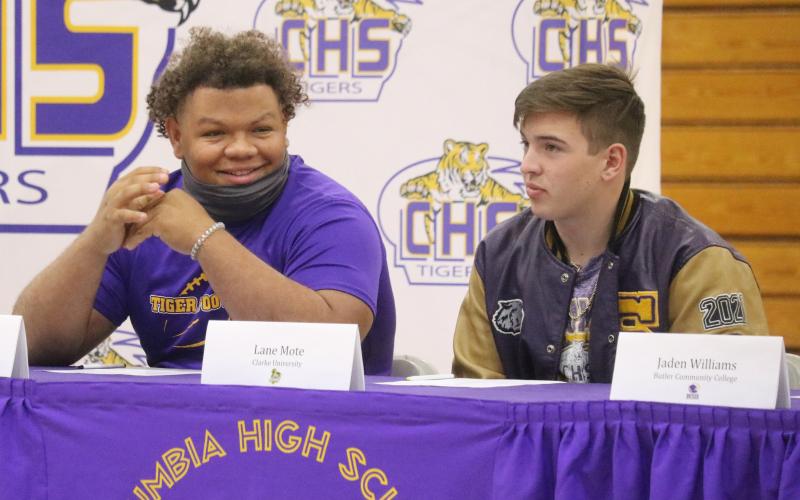 Columbia defensive lineman Nate Walmsley (left) signed with Benedict College while linebacker Lane Mote (right) signed with Clarke. (JORDAN KROEGER/Lake City Reporter)