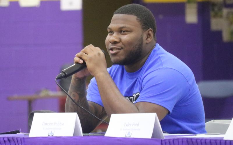 Columbia defensive lineman Daveion Folston speaks during Wednesday’s signing ceremony. He signed with St. Andrews (JORDAN KROEGER/Lake City Reporter)