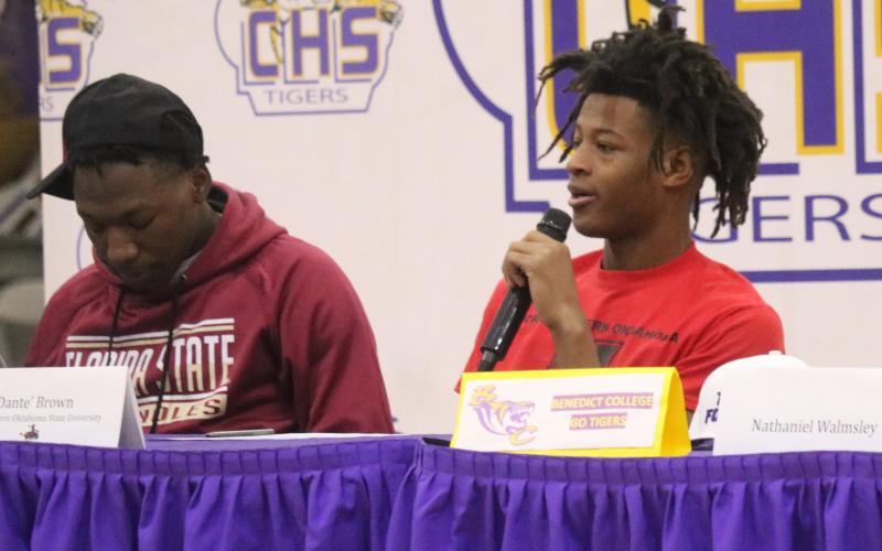 Columbia defensive back Dante Brown announces his decision to sign with Northwestern Oklahoma State on Wednesday. (JORDAN KROEGER/Lake City Reporter)