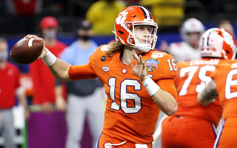 Clemson Tigers quarterback Trevor Lawrence (16) passes against the Ohio State Buckeyes in the second half of the College Football Playoff semifinal at the Allstate Sugar Bowl at Mercedes-Benz Superdome on Jan. 1 in New Orleans, Louisiana. (CHRIS GRAYTHEN/Getty Images/TNS)