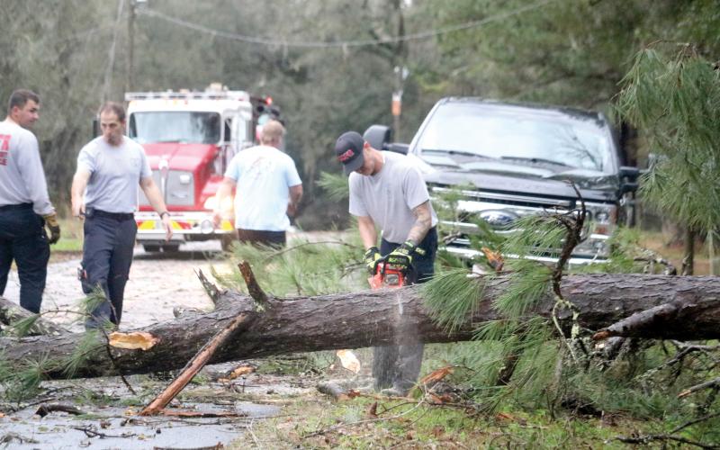 A Columbia County Fire Rescue firefighter uses a chain saw to cut a downed pine tree that was blocking the road on Northwest Brook Loop Monday afternoon. A cold front passed through the area Monday afternoon bringing golf ball sized hail, rains and high winds which toppled several trees in the area. (TONY BRITT/Lake City Reporter)