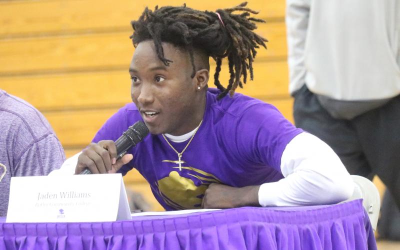 Columbia receiver Jaden Williams speaks during his signing ceremony on Wednesday. The 3-star prospect inked his LOI with Butler County Community College. (JORDAN KROEGER/Lake City Reporter)