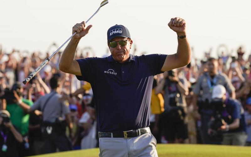 Phil Mickelson celebrates after winning the PGA Championship on the Ocean Course on Sunday in Kiawah Island, S.C. (DAVID J. PHILLIP/Associated Press)