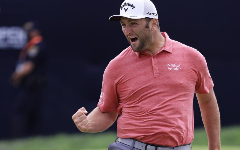 Jon Rahm celebrates making a putt for birdie on the 18th green during the final round of the 2021 U.S. Open at Torrey Pines Golf Course on Sunday in San Diego, Calif. (SEAN M. HAFFEY/Getty Images/TNS)