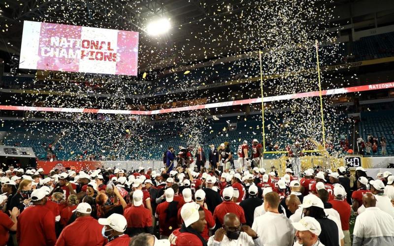 Alabama celebrates after defeating Ohio State 52-24 in the College Football Playoff National Championship game at Hard Rock Stadium on Jan. 11 in Miami Gardens. (MIKE EHRMANN/Getty Images/TNS)