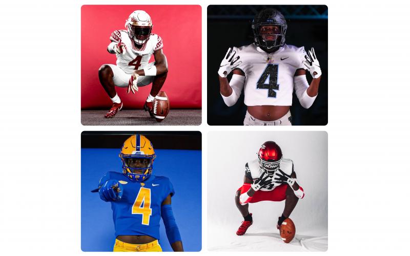 Columbia receiver Marcus Peterson tweeted out the four photos above Tuesday night to announce he was committing to a college on Sunday. Peterson is pictured on his four visits this month to Florida State (top left), UCF (top right), Pittsburgh (bottom left) and Cincinnati (bottom right). (COURTESY PHOTOS)