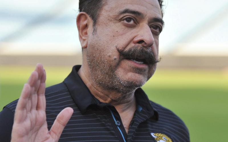 Jaguars owner Shad Khan fields questions from the media at EverBank Field on April 26, 2018. (BOB SELF/Florida Times-Union/TNS)