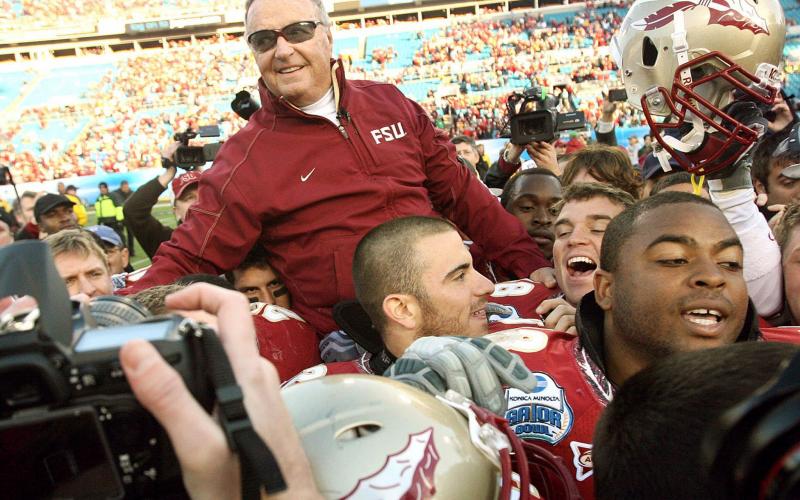 Former Florida State coach Bobby Bowden is carried triumphantly on the shoulders of his players after beating West Virginia, 33-21, in the Gator Bowl at Jacksonville Municipal Stadium on Jan. 1, 2010, in Jacksonville. (STEPHEN M. DOWELL/TNS)