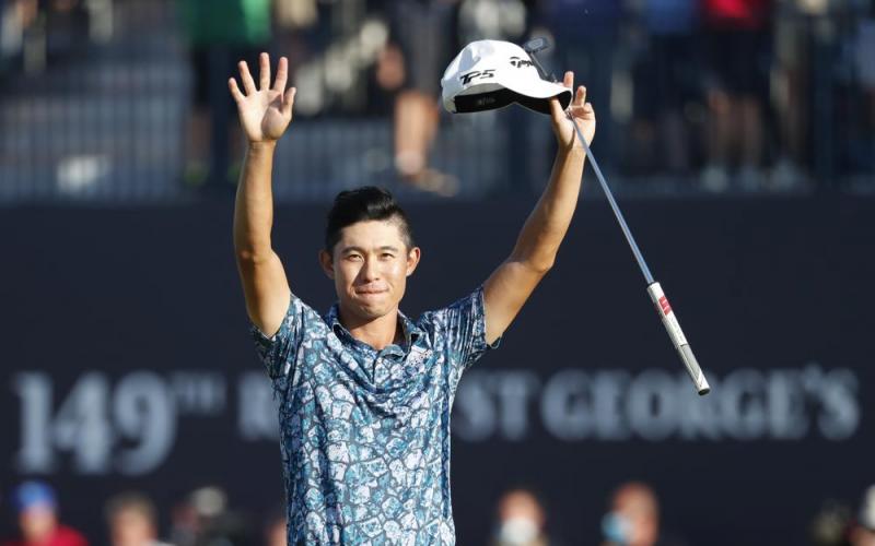 Collin Morikawa celebrates on the 18th green after winning the British Open at Royal St George's golf course on Sunday Sandwich, England. (PETER MORRISON/Associated Press)