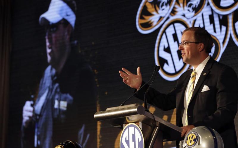 Missouri head coach Eliah Drinkwitz speaks to reporters during SEC Media Days on Thursday in Hoover, Ala. (BUTCH DILL/Associated Press)