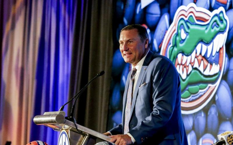 Florida head coach Dan Mullen speaks to reporters during SEC Media Days on Monday in Hoover, Ala. (BUTCH DILL/Associated Press)