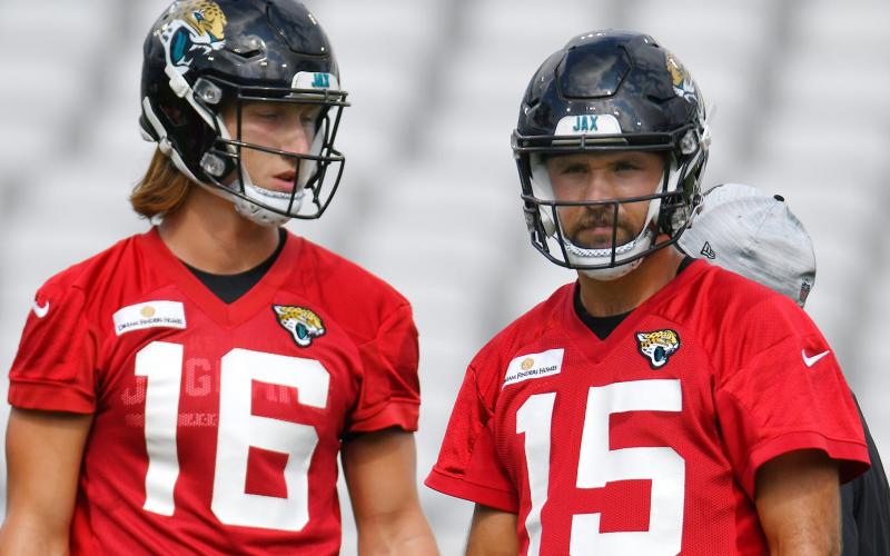 Jacksonville Jaguars quarterbacks Trevor Lawrence (16) and Gardner Minshew II (15) are pictured during Sunday's scrimmage session at TIAA Bank Field in Jacksonville. (BOB SELF/Florida Times-Union/TNS)
