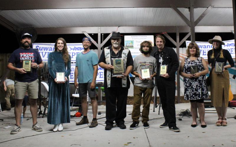 Finalists that competed in the fourth annual Suwannee Riverkeeper Songwriting contest included O’Brien’s KJ Wingate (from left), Katherine Ball, David Rodock, Sweet William Billy Ennis, Jimi Davies and his brother, Kathy Lou Gilman and Rachel Hillman. Not pictured are Brandon Fox and Lake City’s Rachel Grubb, who could not attend. (ANGELA DUNCAN/Courtesy of WWALS)