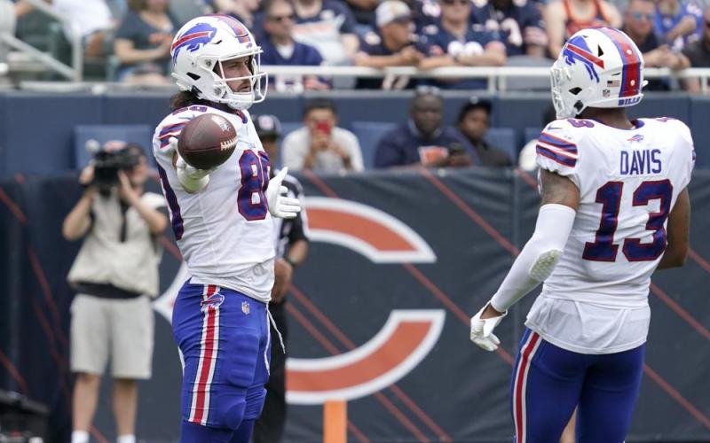 Buffalo Bills' Jacob Hollister celebrates his touchdown catch with Gabriel Davis during a preseason game against the Chicago Bears on Aug. 21 in Chicago. (NAM Y. HUH/Associated Press)