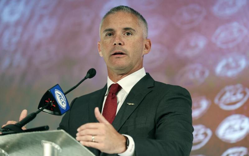 Florida State head coach Mike Norvell speaks during ACC media days on July 22 in Charlotte, N.C. (AP FILE)