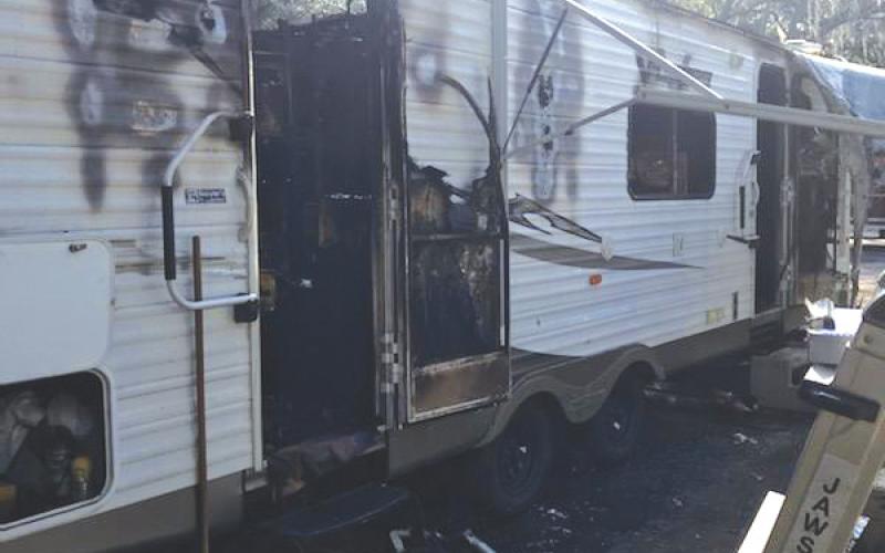 The remains of an RV that caught fire Friday. (COURTESY)