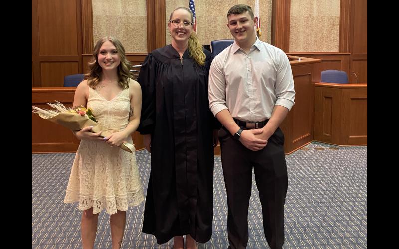 McKinsey Wilson and Dakota Topham were married by County Judge Sara Carter at 2:22 p.m. on ‘Twosday’ 2-22-22 at the Columbia County Courthouse. They were one of the record number of couples who exchanged vows at the courthouse during the day. (COURTESY)