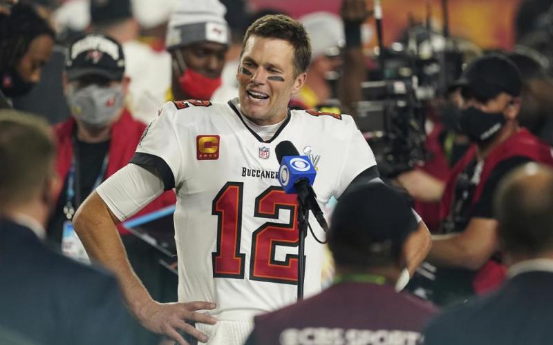 Tampa Bay Buccaneers quarterback Tom Brady is interviewed on the field after winning Super Bowl 55 against the Kansas City Chiefs on Feb. 7, 2021, in Tampa. (AP File)