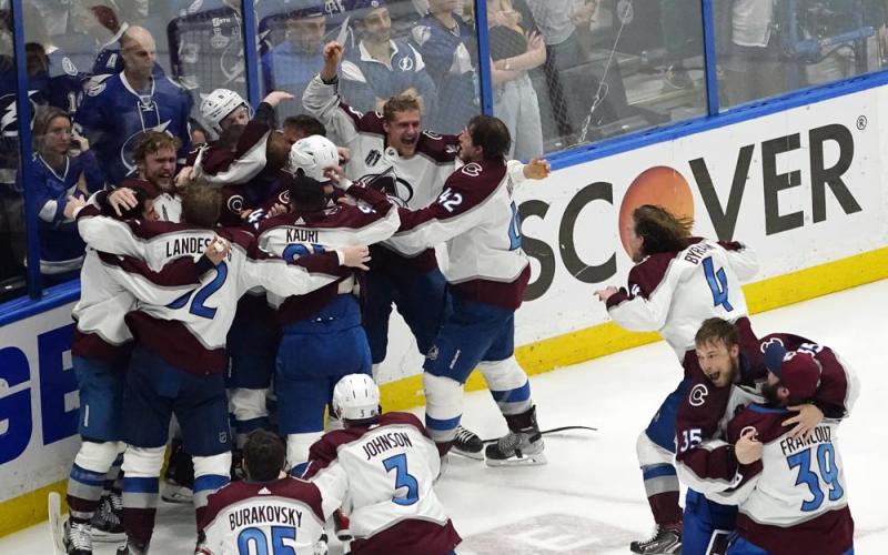 The Colorado Avalanche celebrate after defeating the Tampa Bay Lightning in Game 6 of the Stanley Cup Final on Sunday in Tampa. The Avalanche won 2-1 to win their third Stanley Cup. (JOHN BAZEMORE/Associated Press)