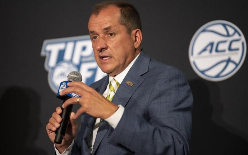 Atlantic Coast Conference Commissioner Jim Phillips speaks during ACC basketball media day on Oct. 12, 2021, in Charlotte, N.C. (AP FILE)