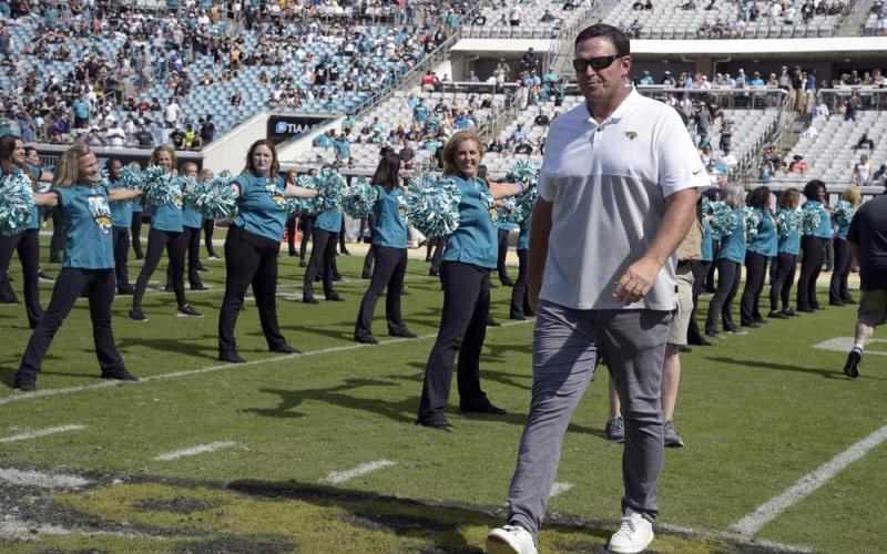 Former Jacksonville Jaguars player Tony Boselli is honored on the field during halftime of a game against the New Orleans Saints on Oct. 13, 2019, in Jacksonville. Boselli will be inducted into the Pro Football Hall of Fame on Aug. 6. (PHELAN M. EBENHACK/Associated Press)