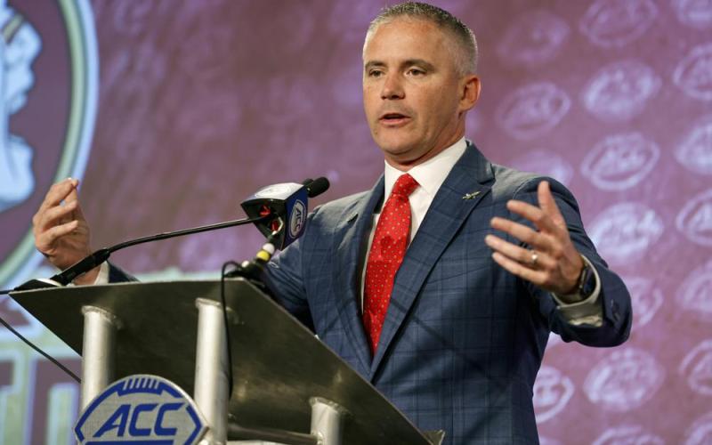 Florida State head coach Mike Norvell answers a question at ACC Media Days on July 20 in Charlotte, N.C. (NELL REDMOND/Associated Press)
